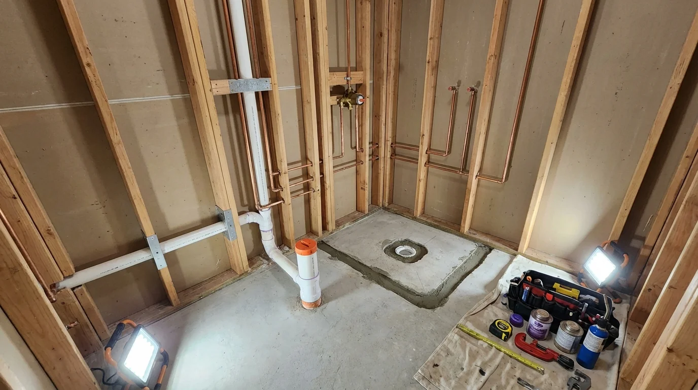 Bathroom rough-in plumbing during remodel by Johns Plumbing LLC in Midland