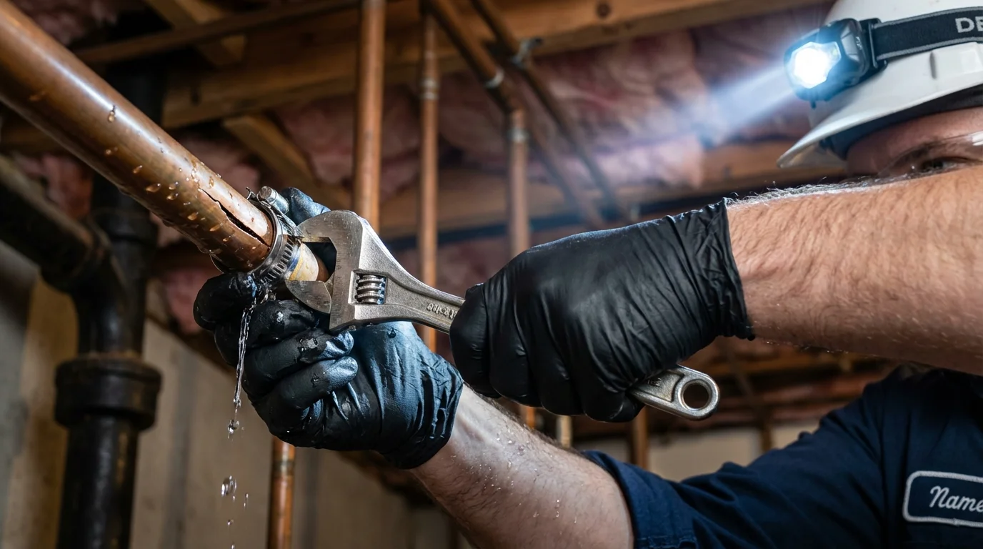 Emergency pipe clamp repair being performed by a Johns Plumbing LLC plumber in Midland