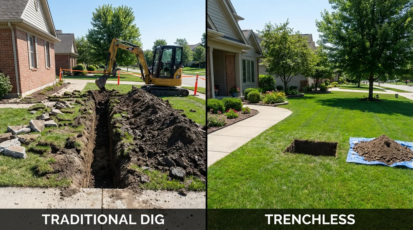 Trenchless sewer repair with minimal yard damage versus traditional excavation in Midland, PA