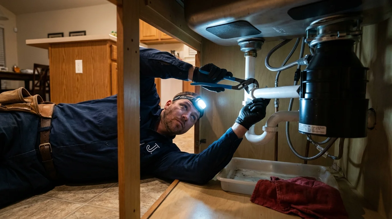 P-trap and supply line connections under a kitchen sink showing a common leak point in Midland, PA
